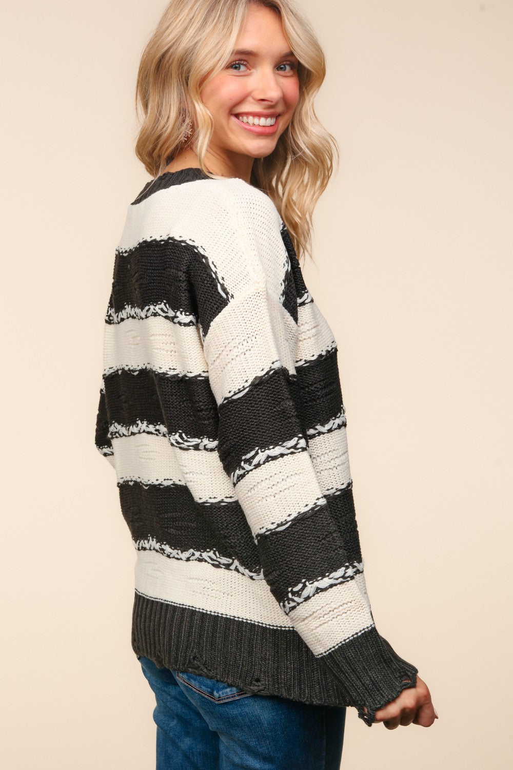 haptics striped contrast distressed sweater