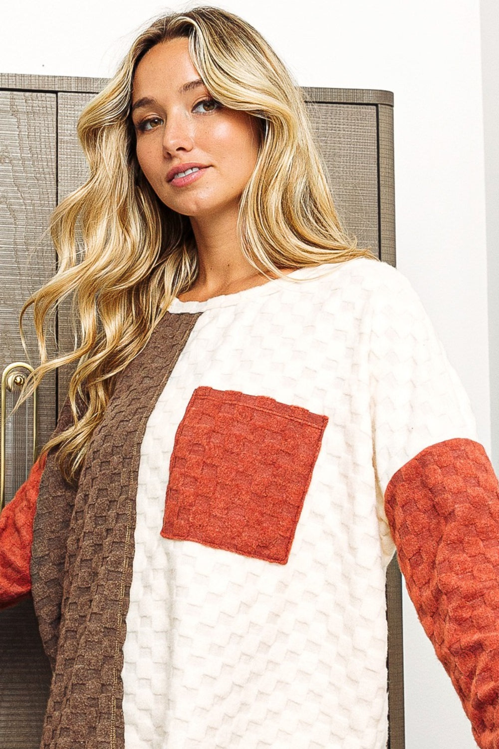 bibi color block brushed checker top