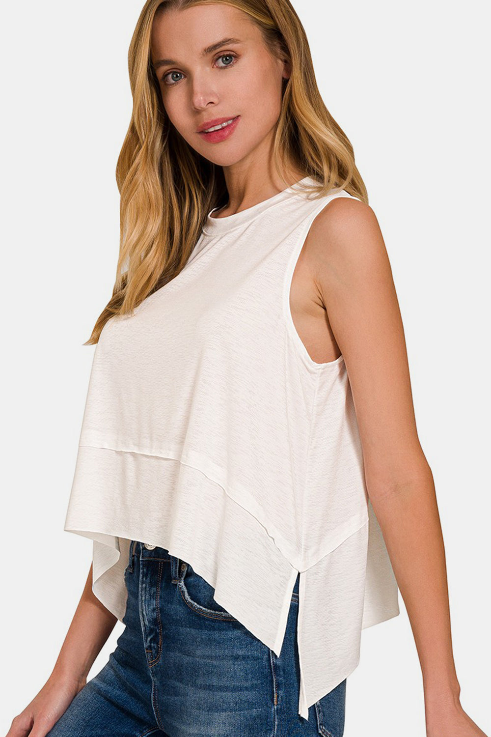 zenana slit high-low round neck tank