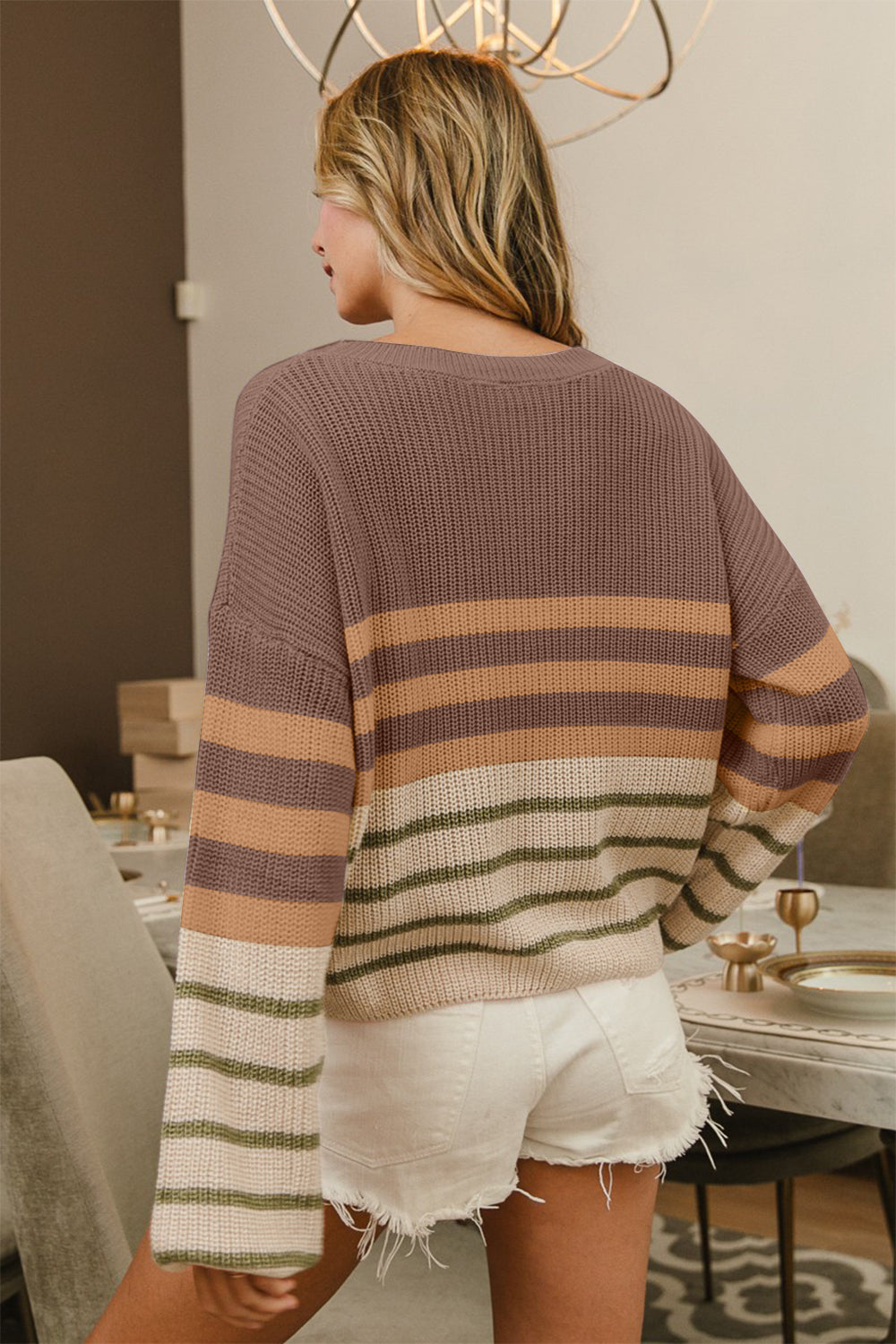 bibi color block striped long sleeve sweater