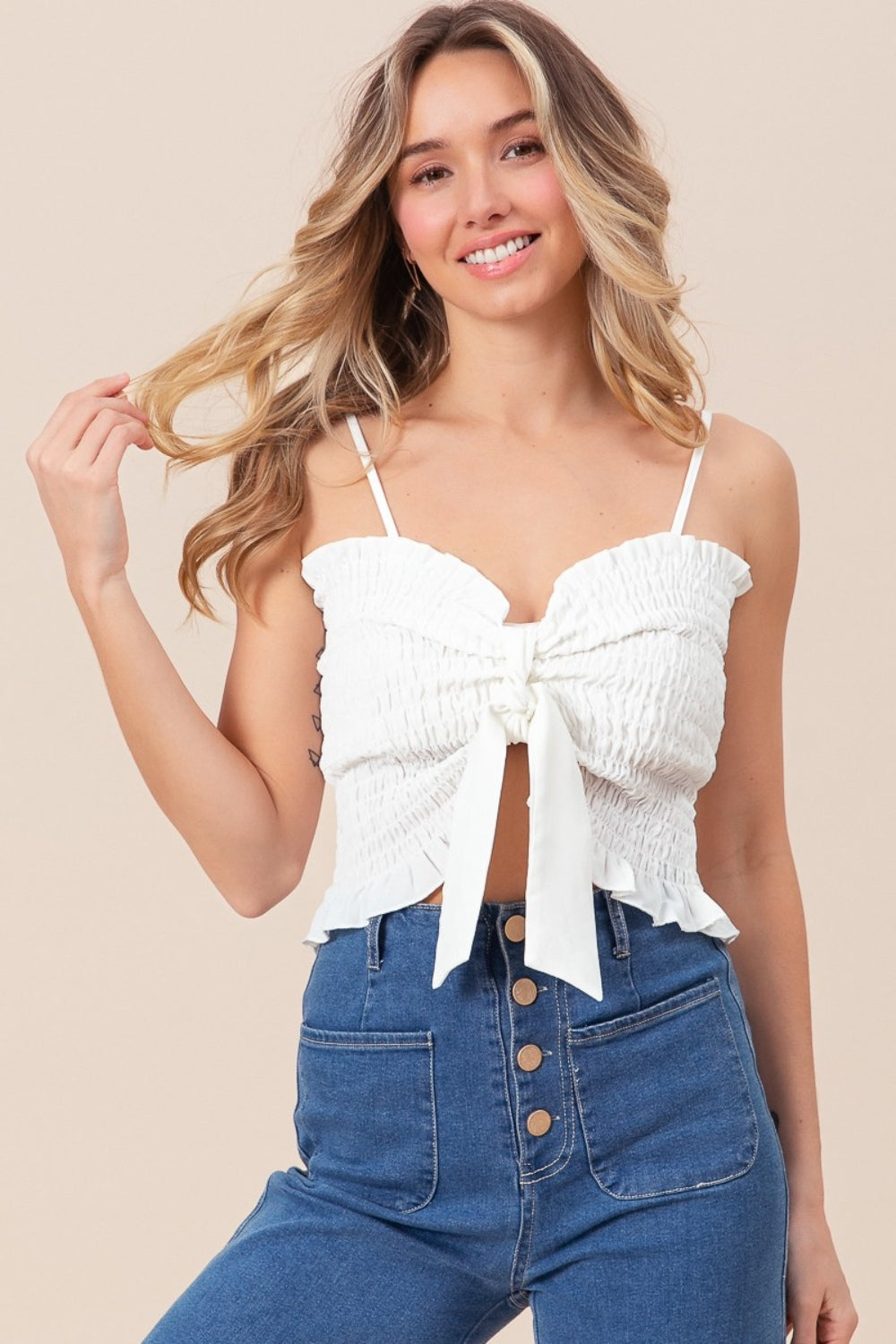 bibi ruffled smocked ribbon detail cami